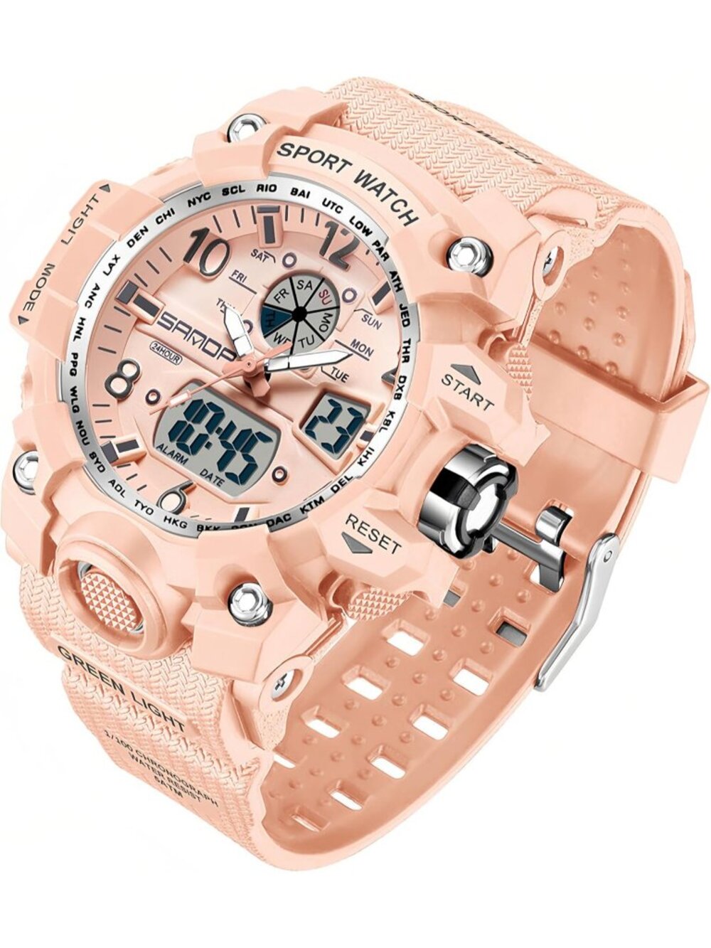 Women's Pink Digital LED Light Large Face Analog Multifunctional Wrist Watches